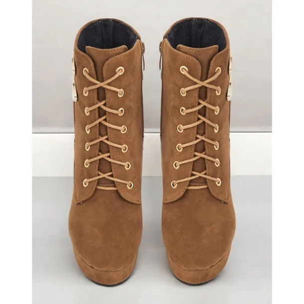Women's Brown Suede Ankle Boots - Lace-Up Design with Gold Buckle and Zipper Details, Platform High Heel Shoes for Stylish Casual and Party Looks