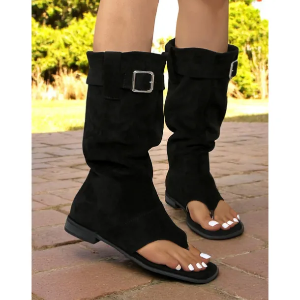 Women's Brown Suede Gladiator Toe Ring Boots – Flat Sole, Adjustable Buckle, Boho Style for Summer Road Trips
