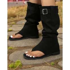 Women's Brown Suede Gladiator Toe Ring Boots – Flat Sole, Adjustable Buckle, Boho Style for Summer Road Trips