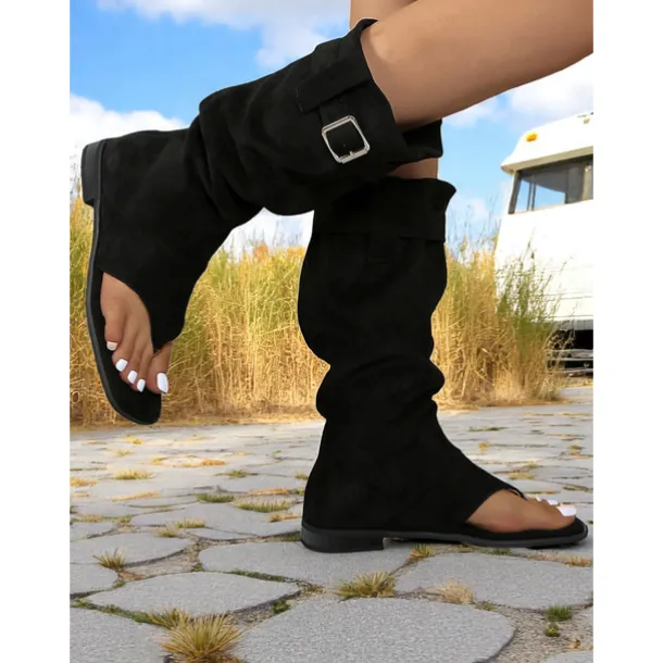 Women's Brown Suede Gladiator Toe Ring Boots – Flat Sole, Adjustable Buckle, Boho Style for Summer Road Trips