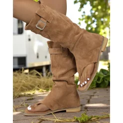 Women's Brown Suede Gladiator Toe Ring Boots – Flat Sole, Adjustable Buckle, Boho Style for Summer Road Trips