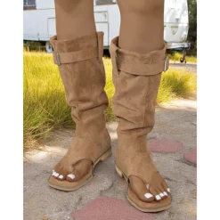 Women's Brown Suede Gladiator Toe Ring Boots – Flat Sole, Adjustable Buckle, Boho Style for Summer Road Trips