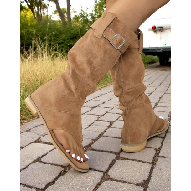 Women's Brown Suede Gladiator Toe Ring Boots – Flat Sole, Adjustable Buckle, Boho Style for Summer Road Trips