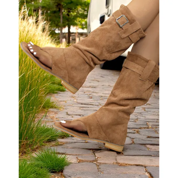 Women's Brown Suede Gladiator Toe Ring Boots – Flat Sole, Adjustable Buckle, Boho Style for Summer Road Trips