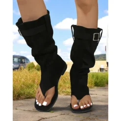 Women's Brown Suede Gladiator Toe Ring Boots – Flat Sole, Adjustable Buckle, Boho Style for Summer Road Trips