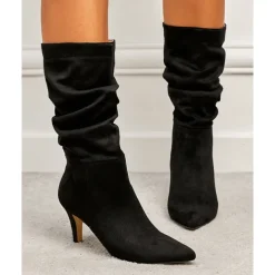 Women's Brown Suede Slouchy Mid-Calf Boots - Elegant Pointed Toe Stiletto Heels, Perfect for Autumn Casual and Party Outfits