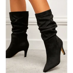 Women's Brown Suede Slouchy Mid-Calf Boots - Elegant Pointed Toe Stiletto Heels, Perfect for Autumn Casual and Party Outfits