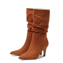 Women's Brown Suede Slouchy Mid-Calf Boots - Elegant Pointed Toe Stiletto Heels, Perfect for Autumn Casual and Party Outfits