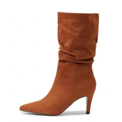 Women's Brown Suede Slouchy Mid-Calf Boots - Elegant Pointed Toe Stiletto Heels, Perfect for Autumn Casual and Party Outfits