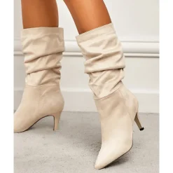 Women's Brown Suede Slouchy Mid-Calf Boots - Elegant Pointed Toe Stiletto Heels, Perfect for Autumn Casual and Party Outfits