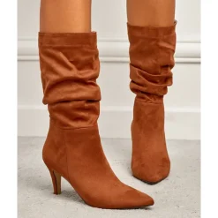 Women's Brown Suede Slouchy Mid-Calf Boots - Elegant Pointed Toe Stiletto Heels, Perfect for Autumn Casual and Party Outfits