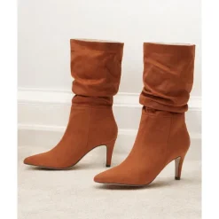 Women's Brown Suede Slouchy Mid-Calf Boots - Elegant Pointed Toe Stiletto Heels, Perfect for Autumn Casual and Party Outfits