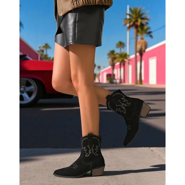 Women's Brown Suede Western Cowboy Boots - Comfortable Walking Mid-Calf Pointed Toe Block Heel Boots for Ladies, Bohemian Style, Ideal for Music Festivals, Rodeos, and Fall Outfits