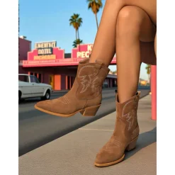 Women's Brown Suede Western Cowboy Boots - Comfortable Walking Mid-Calf Pointed Toe Block Heel Boots for Ladies, Bohemian Style, Ideal for Music Festivals, Rodeos, and Fall Outfits
