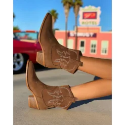 Women's Brown Suede Western Cowboy Boots - Comfortable Walking Mid-Calf Pointed Toe Block Heel Boots for Ladies, Bohemian Style, Ideal for Music Festivals, Rodeos, and Fall Outfits