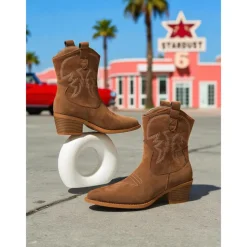 Women's Brown Suede Western Cowboy Boots - Comfortable Walking Mid-Calf Pointed Toe Block Heel Boots for Ladies, Bohemian Style, Ideal for Music Festivals, Rodeos, and Fall Outfits