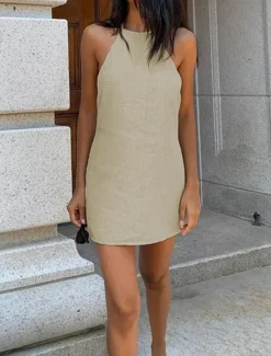 Women's Brown Summer Spring Mini Dress Cotton Linen Dresses Casual Dress Strap Dress Basic Modern Vacation Daily Weekend Loose Fit Plain Halter Neck