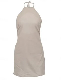 Women's Brown Summer Spring Mini Dress Cotton Linen Dresses Casual Dress Strap Dress Basic Modern Vacation Daily Weekend Loose Fit Plain Halter Neck