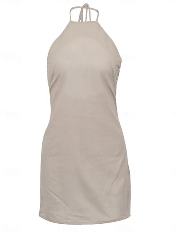 Women's Brown Summer Spring Mini Dress Cotton Linen Dresses Casual Dress Strap Dress Basic Modern Vacation Daily Weekend Loose Fit Plain Halter Neck