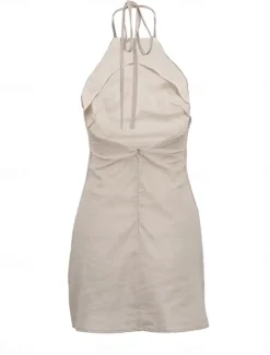 Women's Brown Summer Spring Mini Dress Cotton Linen Dresses Casual Dress Strap Dress Basic Modern Vacation Daily Weekend Loose Fit Plain Halter Neck