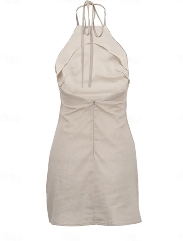 Women's Brown Summer Spring Mini Dress Cotton Linen Dresses Casual Dress Strap Dress Basic Modern Vacation Daily Weekend Loose Fit Plain Halter Neck