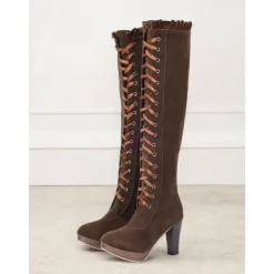 Women's Brown Victorian Lace-Up Knee-High Boots - Retro Style with Platform Heel, Perfect for Cosplay and Vintage-Inspired Outfits