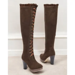 Women's Brown Victorian Lace-Up Knee-High Boots - Retro Style with Platform Heel, Perfect for Cosplay and Vintage-Inspired Outfits