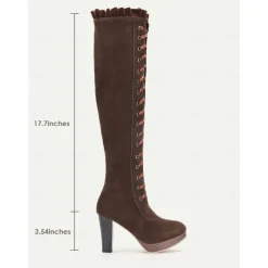 Women's Brown Victorian Lace-Up Knee-High Boots - Retro Style with Platform Heel, Perfect for Cosplay and Vintage-Inspired Outfits