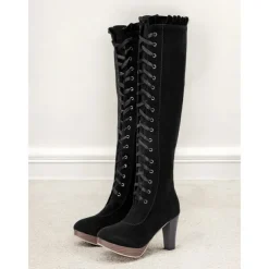 Women's Brown Victorian Lace-Up Knee-High Boots - Retro Style with Platform Heel, Perfect for Cosplay and Vintage-Inspired Outfits