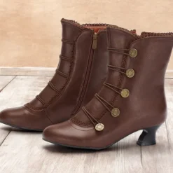 Women's Brown Vintage Victorian Lace-Up Ankle Boots with Button Details and Mid Heel for Cosplay, Historical Reenactments, and Everyday Wear