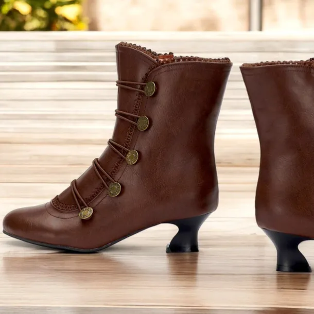 Women's Brown Vintage Victorian Lace-Up Ankle Boots with Button Details and Mid Heel for Cosplay, Historical Reenactments, and Everyday Wear