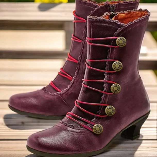Women's Brown Vintage Victorian Lace-Up Ankle Boots with Button Details and Mid Heel for Cosplay, Historical Reenactments, and Everyday Wear