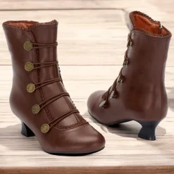 Women's Brown Vintage Victorian Lace-Up Ankle Boots with Button Details and Mid Heel for Cosplay, Historical Reenactments, and Everyday Wear