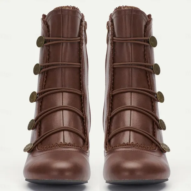 Women's Brown Vintage Victorian Lace-Up Ankle Boots with Button Details and Mid Heel for Cosplay, Historical Reenactments, and Everyday Wear