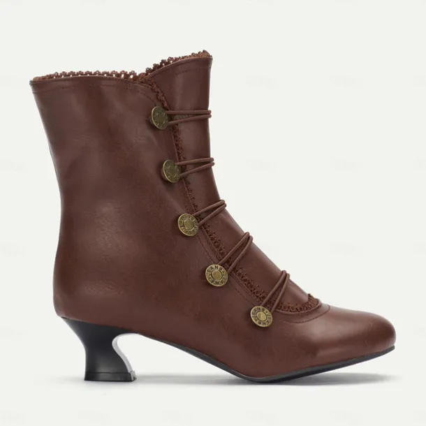 Women's Brown Vintage Victorian Lace-Up Ankle Boots with Button Details and Mid Heel for Cosplay, Historical Reenactments, and Everyday Wear