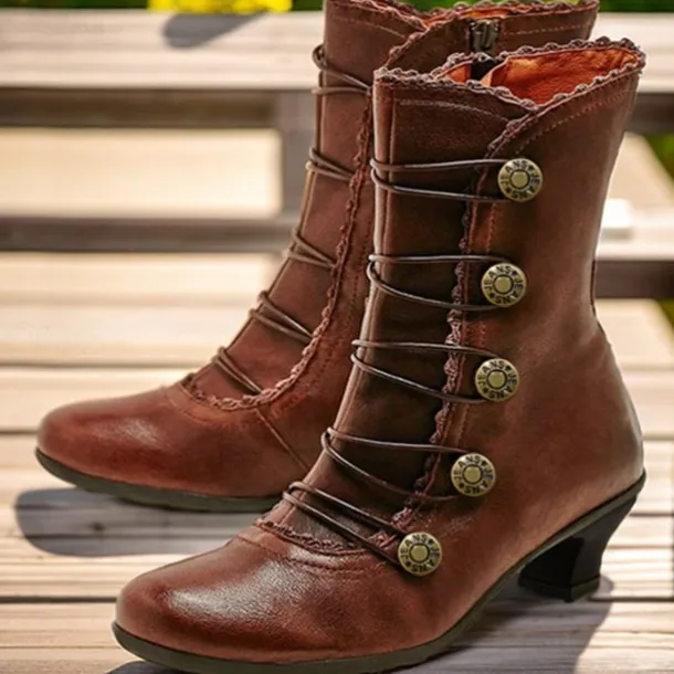 Women's Brown Vintage Victorian Lace-Up Ankle Boots with Button Details and Mid Heel for Cosplay, Historical Reenactments, and Everyday Wear