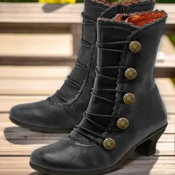 Women's Brown Vintage Victorian Lace-Up Ankle Boots with Button Details and Mid Heel for Cosplay, Historical Reenactments, and Everyday Wear