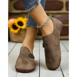 Women's Brown Wide Toe Vintage Loafers with Bowknot – Soft Flexible Slip-On Casual Shoes for Travel, Weekend Shopping and Outdoor Relaxation