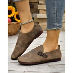 Women's Brown Wide Toe Vintage Loafers with Bowknot – Soft Flexible Slip-On Casual Shoes for Travel, Weekend Shopping and Outdoor Relaxation