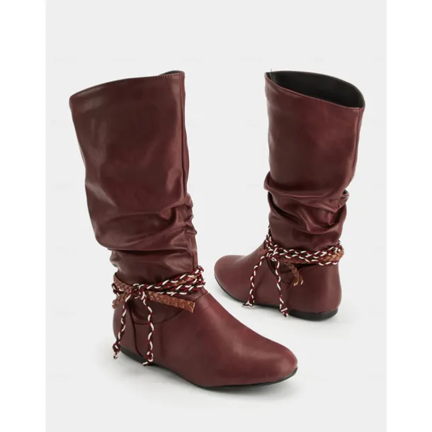 Women's Burgundy Faux Leather Mid Calf Boots – Slouchy Flat Riding Boots with Braided Straps for Fall Outings, Travel and Outdoor Festivals