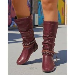 Women's Burgundy Faux Leather Mid Calf Boots – Slouchy Flat Riding Boots with Braided Straps for Fall Outings, Travel and Outdoor Festivals