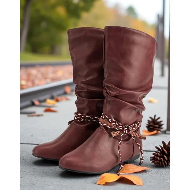 Women's Burgundy Faux Leather Mid Calf Boots – Slouchy Flat Riding Boots with Braided Straps for Fall Outings, Travel and Outdoor Festivals
