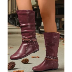 Women's Burgundy Faux Leather Mid Calf Boots – Slouchy Flat Riding Boots with Braided Straps for Fall Outings, Travel and Outdoor Festivals