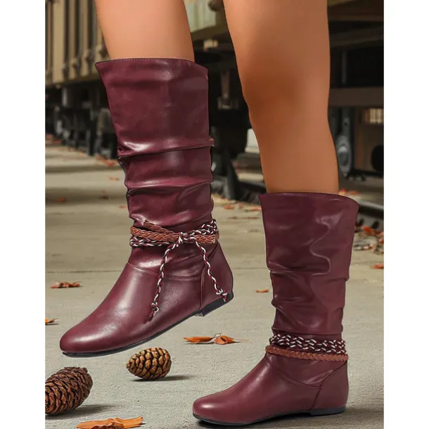 Women's Burgundy Faux Leather Mid Calf Boots – Slouchy Flat Riding Boots with Braided Straps for Fall Outings, Travel and Outdoor Festivals