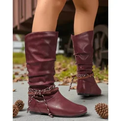 Women's Burgundy Faux Leather Mid Calf Boots – Slouchy Flat Riding Boots with Braided Straps for Fall Outings, Travel and Outdoor Festivals
