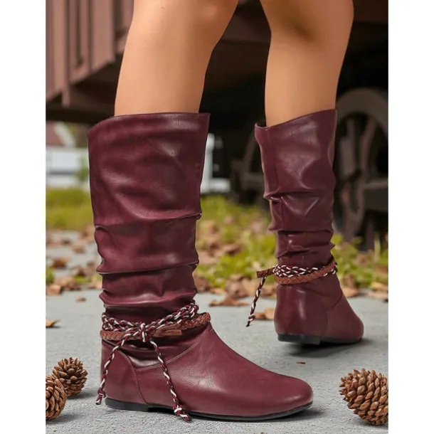 Women's Burgundy Faux Leather Mid Calf Boots – Slouchy Flat Riding Boots with Braided Straps for Fall Outings, Travel and Outdoor Festivals
