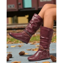Women's Burgundy Faux Leather Mid Calf Boots – Slouchy Flat Riding Boots with Braided Straps for Fall Outings, Travel and Outdoor Festivals