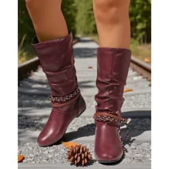 Women's Burgundy Faux Leather Mid Calf Boots – Slouchy Flat Riding Boots with Braided Straps for Fall Outings, Travel and Outdoor Festivals