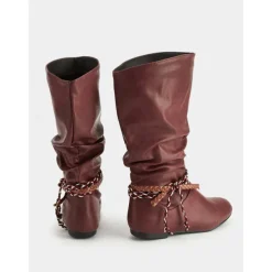 Women's Burgundy Faux Leather Mid Calf Boots – Slouchy Flat Riding Boots with Braided Straps for Fall Outings, Travel and Outdoor Festivals