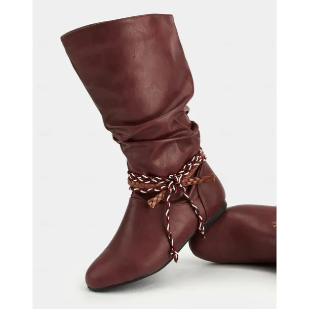 Women's Burgundy Faux Leather Mid Calf Boots – Slouchy Flat Riding Boots with Braided Straps for Fall Outings, Travel and Outdoor Festivals